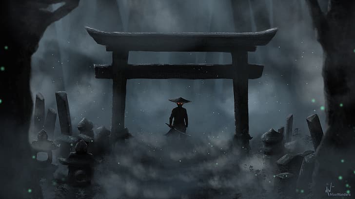 video game art, Ghost of Tsushima, torii, Jin Sakai, Momo