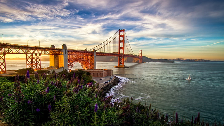 Golden Gate Bridge, sea, architecture, clouds, landscape, San Francisco Bay, HD wallpaper