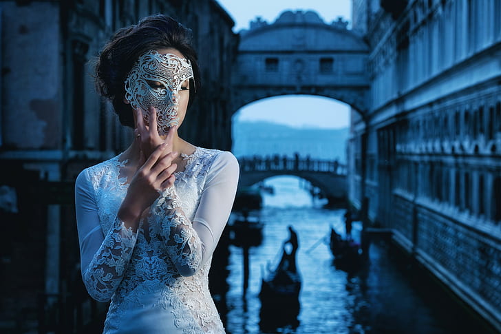 venetian masks, women, model, Venice, HD wallpaper