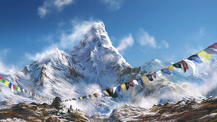 snowy mountain at daytime, Prayer flags, Himalayas, HD, HD wallpaper