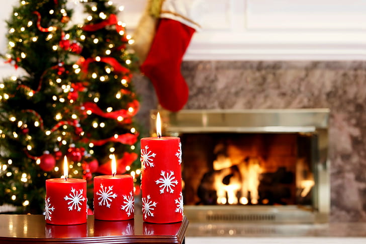 Happy New Year, candles, Merry Christmas, Holiday, fireplace, HD wallpaper