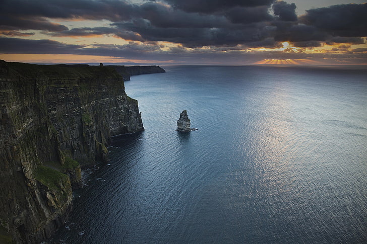 body of water, cliffs of moher, ireland, sunset, water surface, HD wallpaper