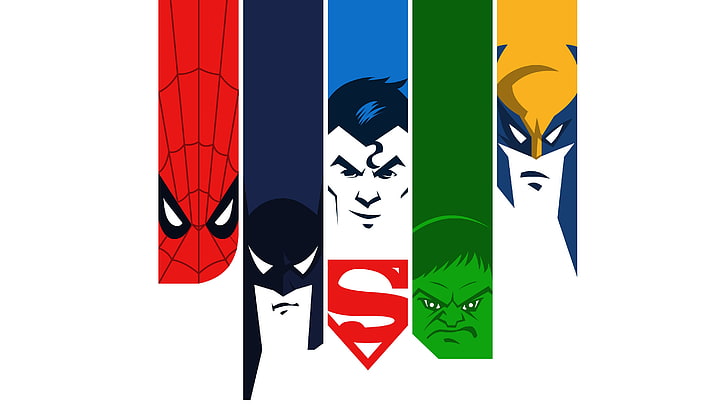 1600x900px | free download | HD wallpaper: Superman Batman Hulk Spiderman  Wolverine Minimalism, multi colored | Wallpaper Flare