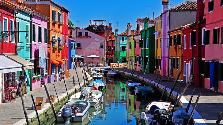 Venice, Italy, Burano island, sky, boat, houses, canal
