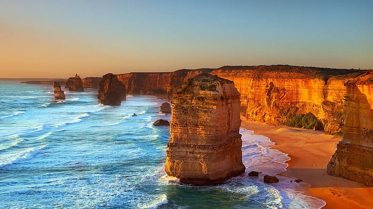 Australia, beach, limestone, rock, Twelve Apostles, sea, cliff, HD wallpaper