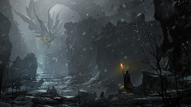 black dragon game poster, artwork, fantasy art, nature, cold temperature