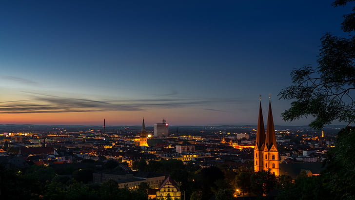 Bielefeld, city lights, sunset, cityscape, HD wallpaper