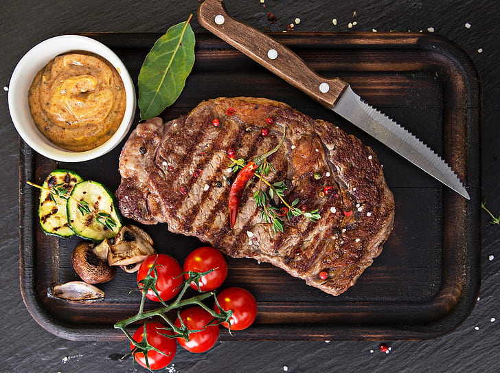meat, food, tomatoes, knife, steak, cow, muscles, animals, flesh, HD wallpaper
