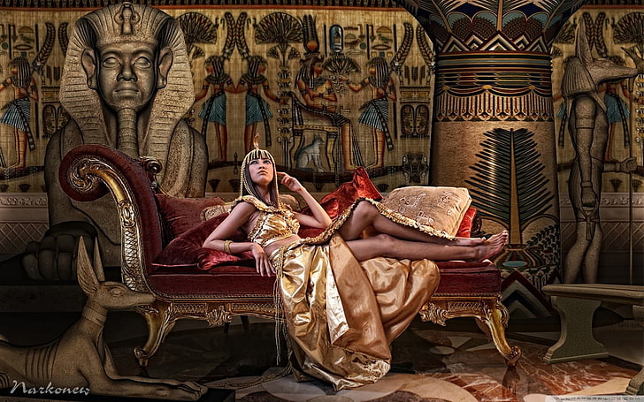 red and gold-colored chaise lounge, Egypt, full length, indoors