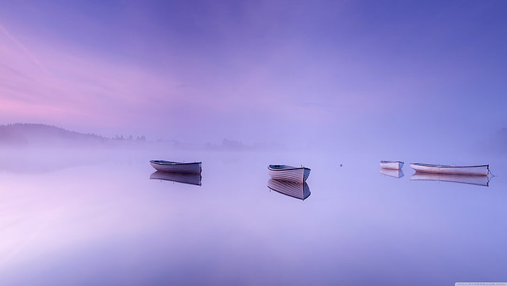 landscape, lake, mist, violet, boat, calm, reflection, calm waters, HD wallpaper
