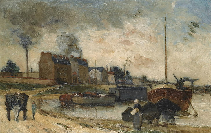 landscape, boat, smoke, picture, pipe, factory, Paul Gauguin