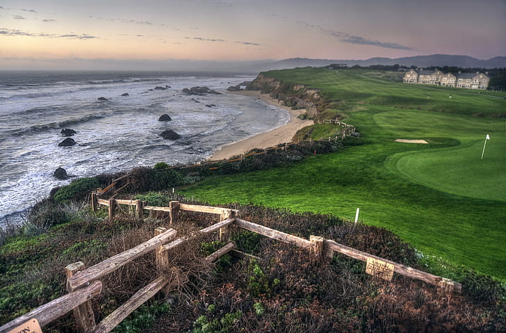 body of water and golf field, Chilling, Half Moon Bay  California, HD wallpaper