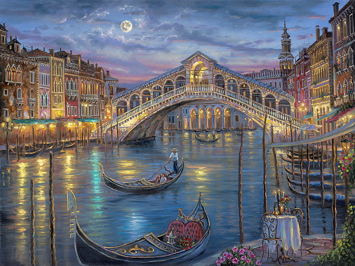 boats passing bridge painting, flowers, night, the moon, romance, HD wallpaper
