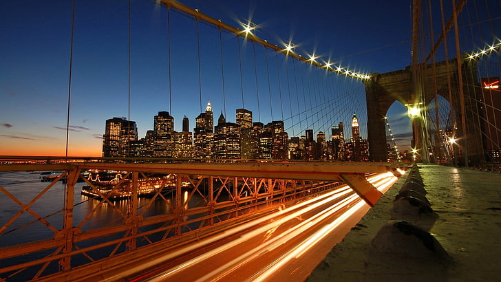photography of bridge, city, cityscape, clouds, skyscraper, New York City, HD wallpaper