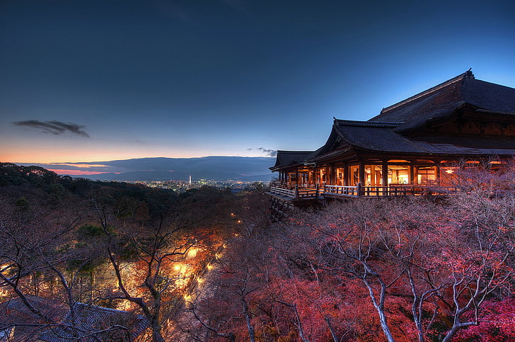 Temples, Japan, Kiyomizu-Dera, Kyoto, Night, sky, architecture, HD wallpaper