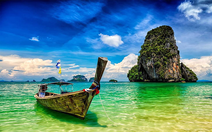 Pranang Beach And Rock Krabi Thailand Long Tail Boat On A Tropical Beach Wallpaper High Resolution 3840×2400, HD wallpaper
