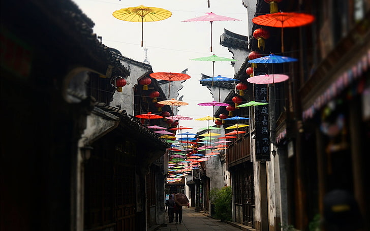 umbrella lot, city, street, Asia, Asian architecture, Japanese umbrella