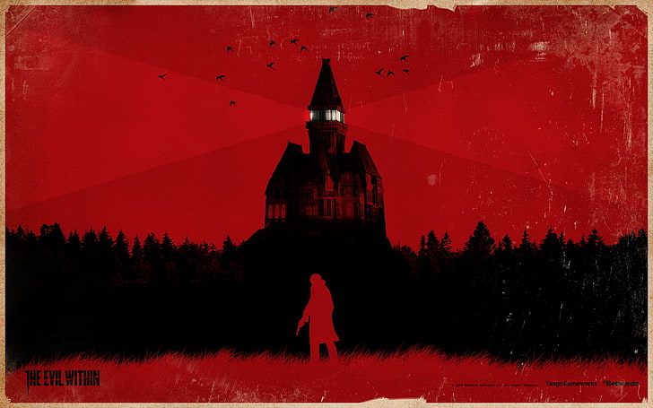 Asylum The Evil Within, silhouette of house, Games, red, architecture