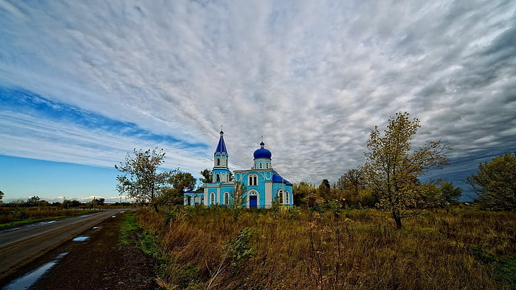 blue and white church, temple, road, autumn, grass, faded, dirt