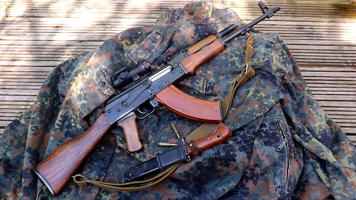 black and brown AK47 rifle, jacket, machine, camouflage, Kalashnikov