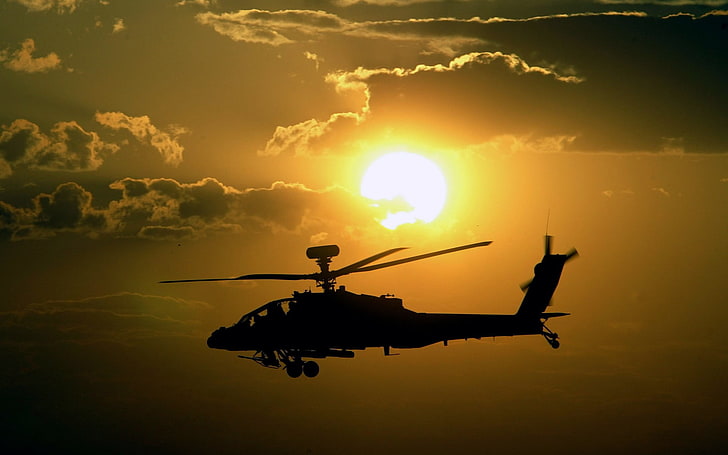silhouette of helicopter digital wallpape, AH-64 Apache, sunset