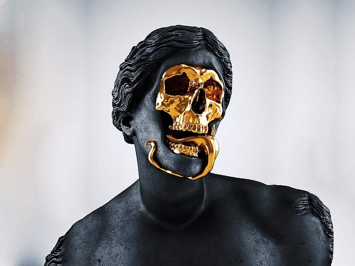Statue Gold Creepy Skull HD, digital/artwork