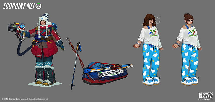 Beanie, Concept Art, Mei (Overwatch), Pyjamas, Snowball (Overwatch), HD wallpaper