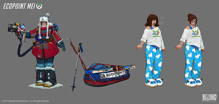 Overwatch, concept art, Mei (Overwatch), pyjamas, Snowball (Overwatch)