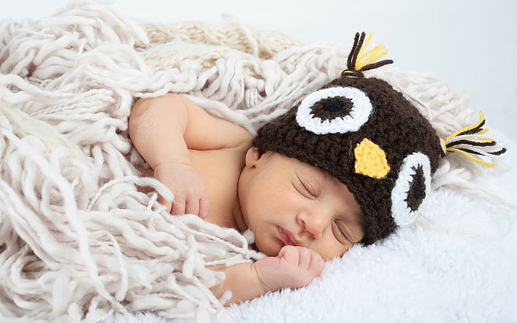 Baby face, baby's brown owl knit beanie, sweet, kid, infant, HD wallpaper