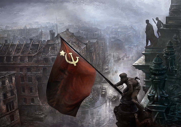 red and white flag, history, painting, USSR, artwork, World War II