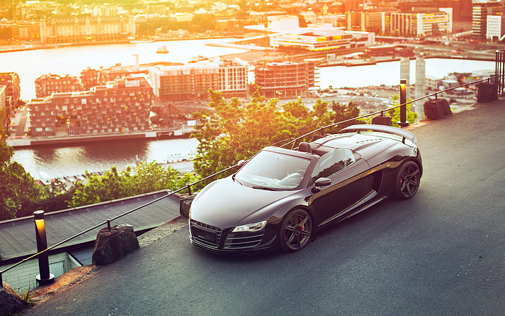 black convertible, car, the city, Audi R8, GT Spyder, motor vehicle