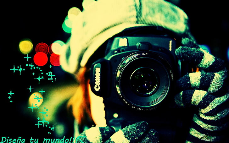 camera, colorful, Canon, gloves, photographer, camera - photographic equipment, HD wallpaper