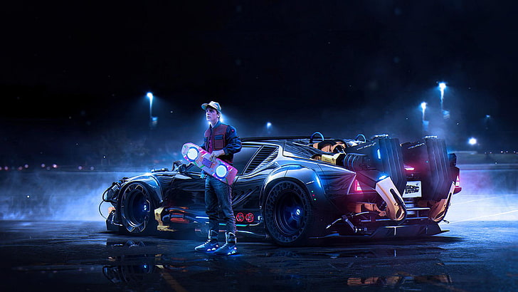 black sport car, art, Back to the Future, Marty McFly, speed