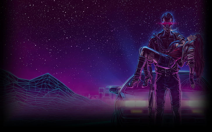 vaporwave, mountains, car, night, star - space, astronomy, adult
