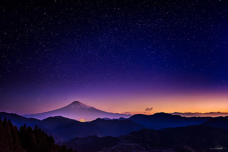 Mount Fuji, Japan, the sky, stars, mountains, night, nature, glow, HD wallpaper