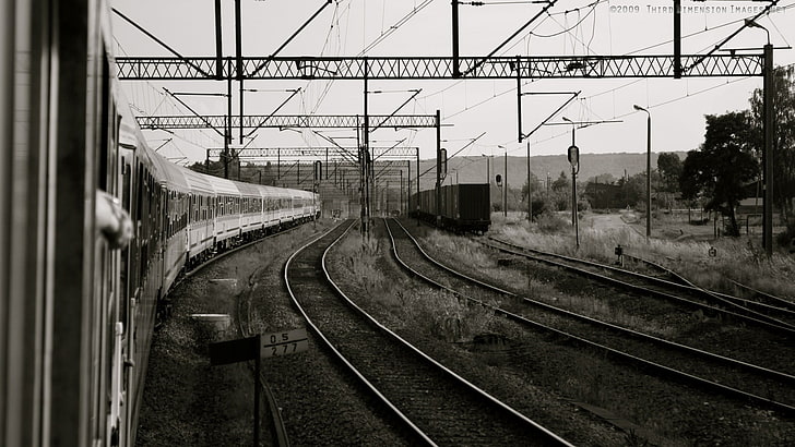 gray railroad tracks, train, railway, monochrome, rail transportation
