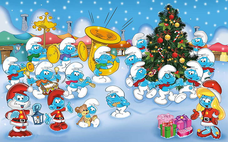 The Smurfs Music Orchestra Cartoons Merry Christmas And Happy New Year Coloring Photo 1920×1200, HD wallpaper
