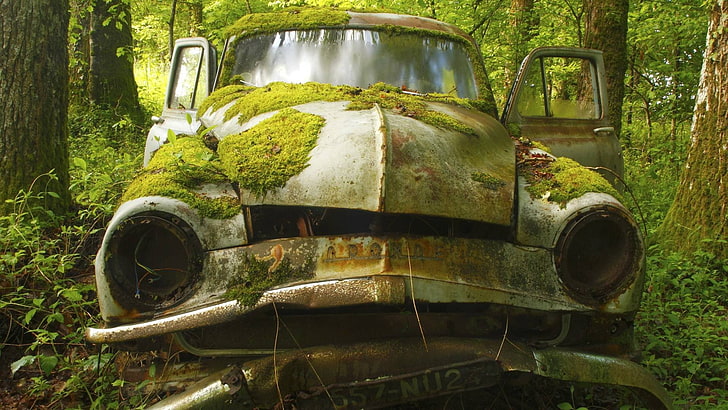 vehicle, car, abandoned, rusty, metal, damaged, land, obsolete, HD wallpaper