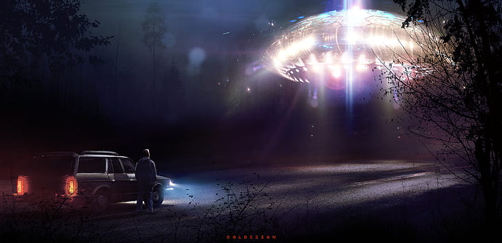 Sci Fi, UFO, Car, Man, Night, Spaceship