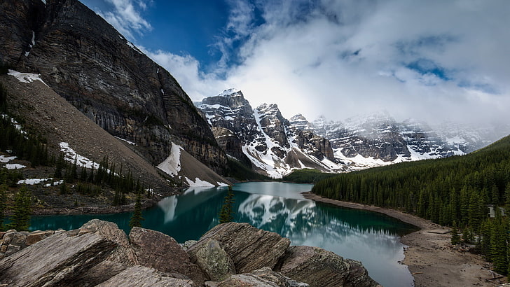 landscape, mountains, lake, Valley of the Ten Peaks, HD wallpaper