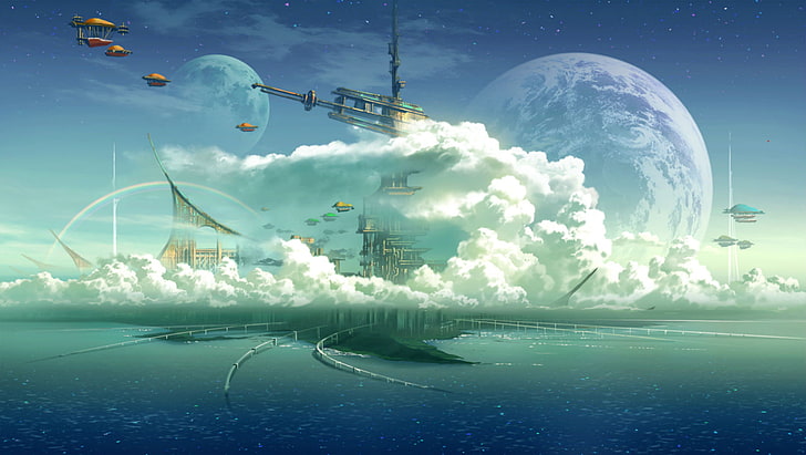 aircraft, city, clouds, moon, original, planet, stars, technoheart, HD wallpaper