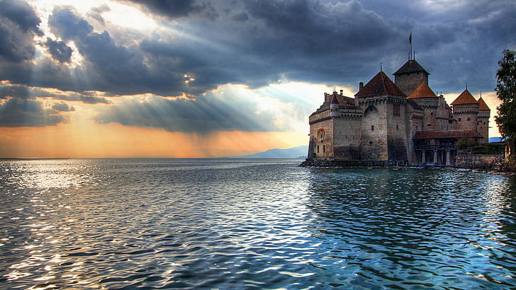 sunlight, castle, clouds, chillon, water, sea, Switzerland, HD wallpaper