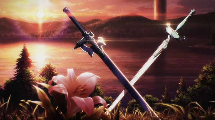 two gray swords illustration, Sword Art Online, plant, nature