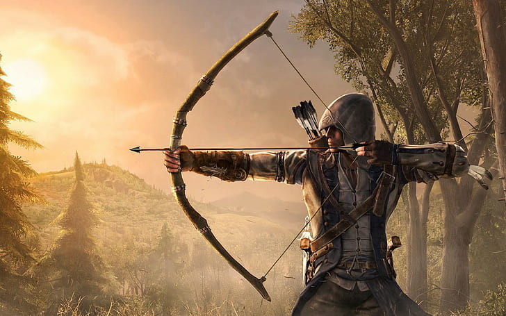 assassins creed 3 connor kenway, tree, one person, nature, shooting a weapon, HD wallpaper