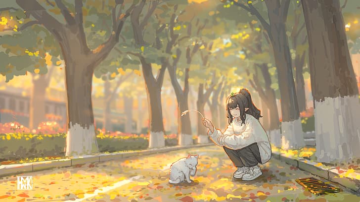 Hua Ming wink, original characters, cats, trees, fallen leaves, HD wallpaper