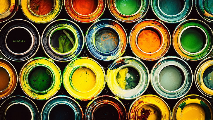 paint can lot, colorful, typography, blue, green, orange, yellow
