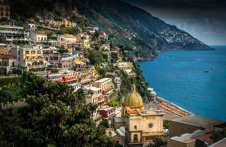 sea, landscape, coast, building, Italy, Bay, Campania, Amalfi Coast, HD wallpaper