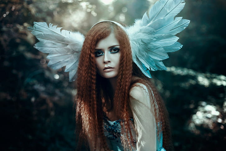 redhead, headdress, model, long hair, makeup, Bella Kotak (Photographer), HD wallpaper