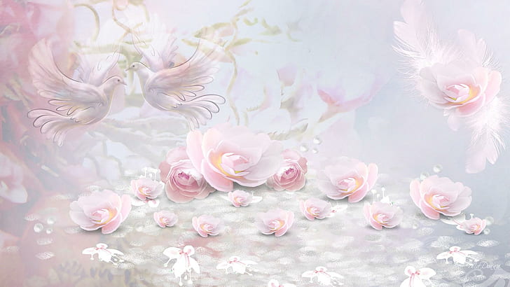 Pink Roses Doves, delicate, soft, feather, spring, birds, scatter, HD wallpaper