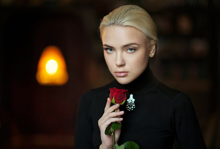 Alena Polyakova, blonde, portrait, face, depth of field, rose, HD wallpaper
